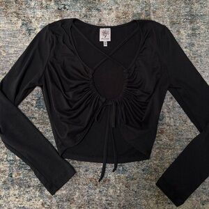 Black Tie Front Long Sleeve Ruched Crop Top
